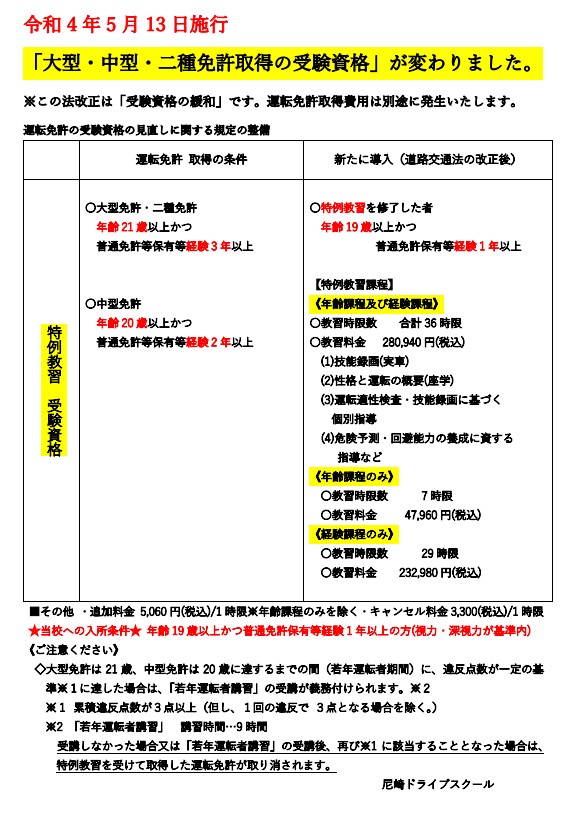 特例教習について「大型・中型・二種免許の受験資格の緩和」